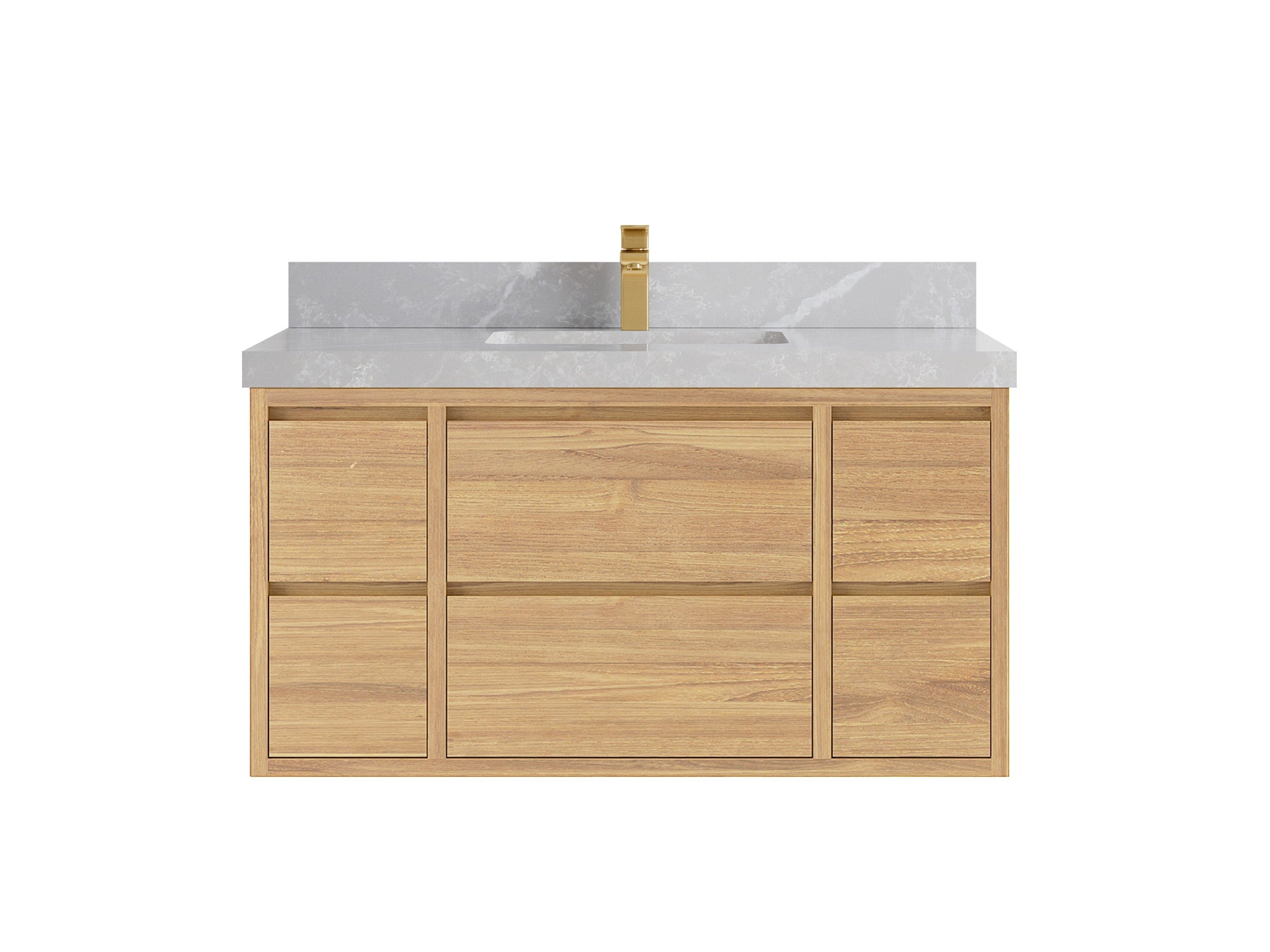 Madison Floating Teak 42 in. W x 22 in. D Single Sink Bathroom Vanity in Light Natural with 2 in Pearl Light Gray Quartz Countertop