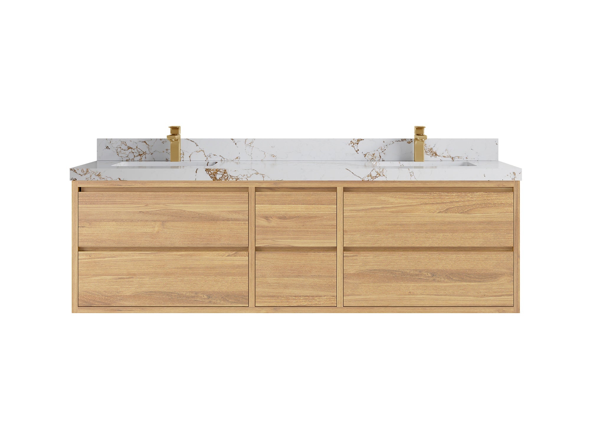 Madison Floating Teak 72 in. W x 22 in. D Double Sink Bathroom Vanity in Light Natural with 2 in Viola Gold Quartz Countertop