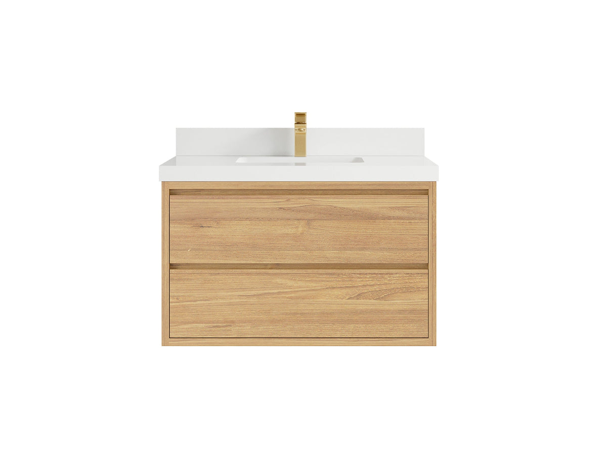 Madison Floating Teak 36 in. W x 22 in. D Single Sink Bathroom Vanity in Light Natural with 2 in White Quartz Countertop