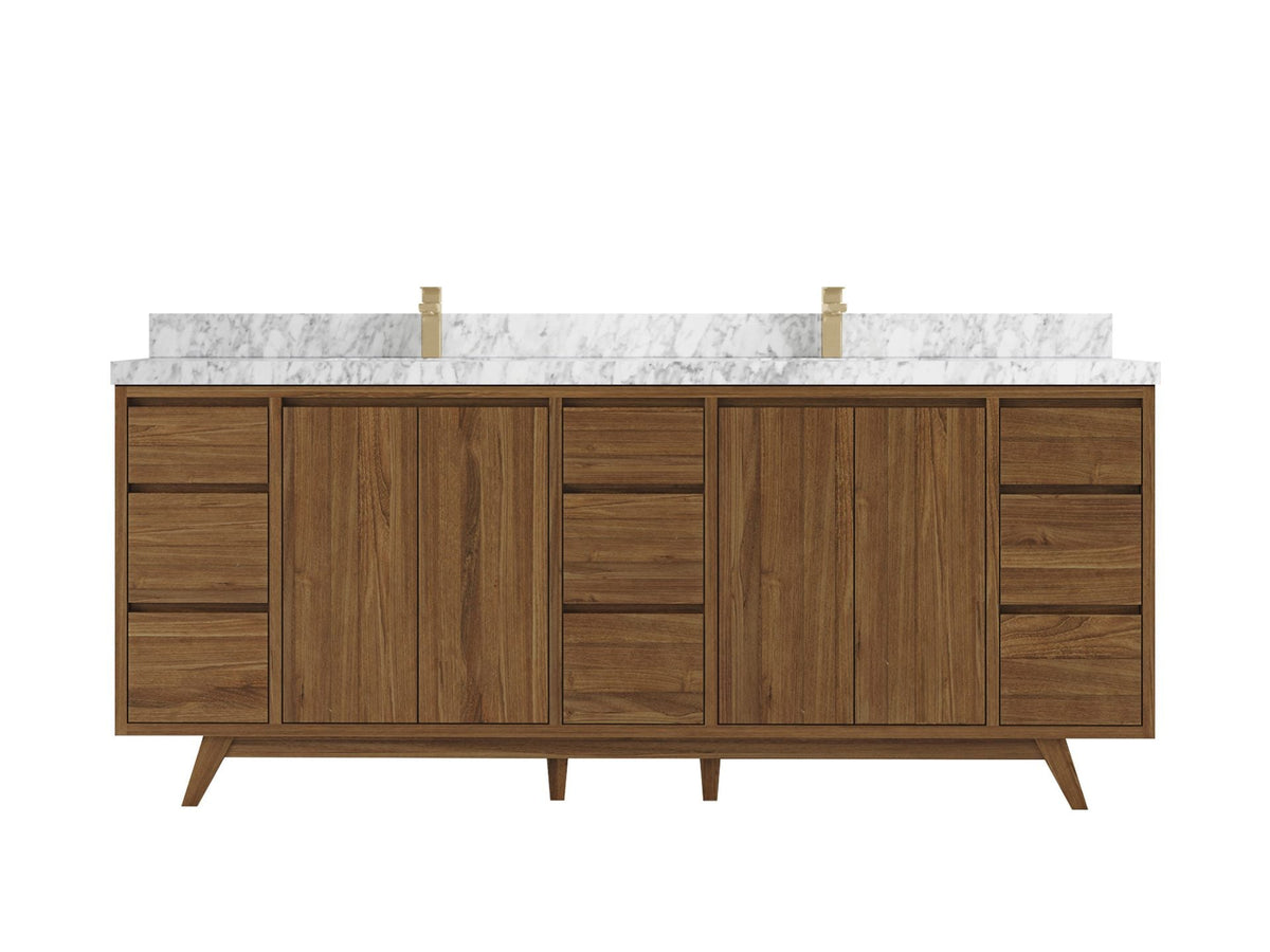 Madison Teak 84 in. W x 22 in. D Double Sink Bathroom Vanity in Dark Natural with 2 in Carrara Marble Countertop