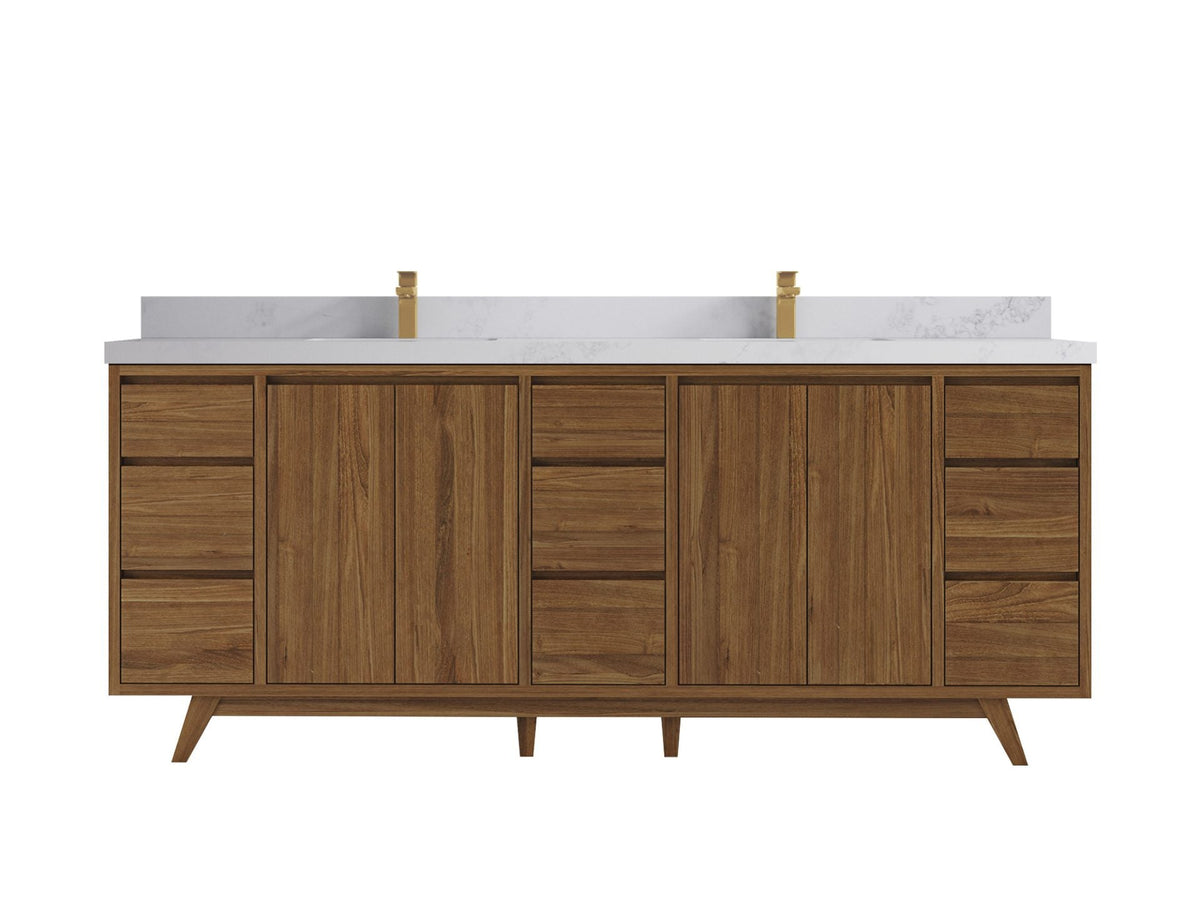 Madison Teak 84 in. W x 22 in. D Double Sink Bathroom Vanity in Dark Natural with 2 in Calacatta Nuvo Quartz Countertop
