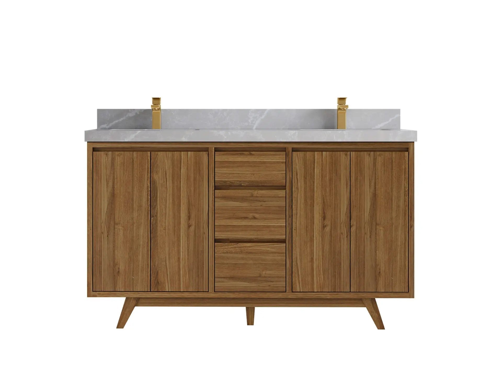 Madison Teak 60 in. W x 22 in. D Double Sink Bathroom Vanity in Dark Natural with 2 in Pearl Light Gray Quartz Countertop