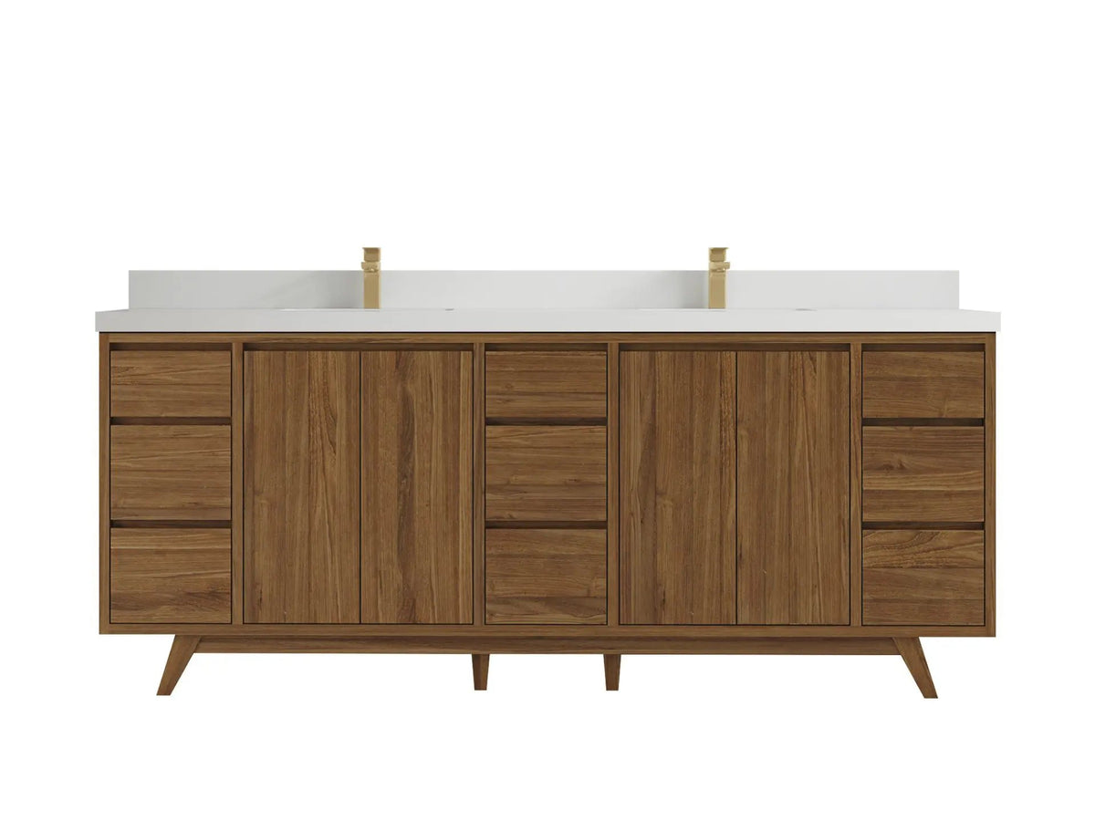 Madison Teak 84 in. W x 22 in. D Double Sink Bathroom Vanity in Dark Natural with 2 in White Quartz Countertop