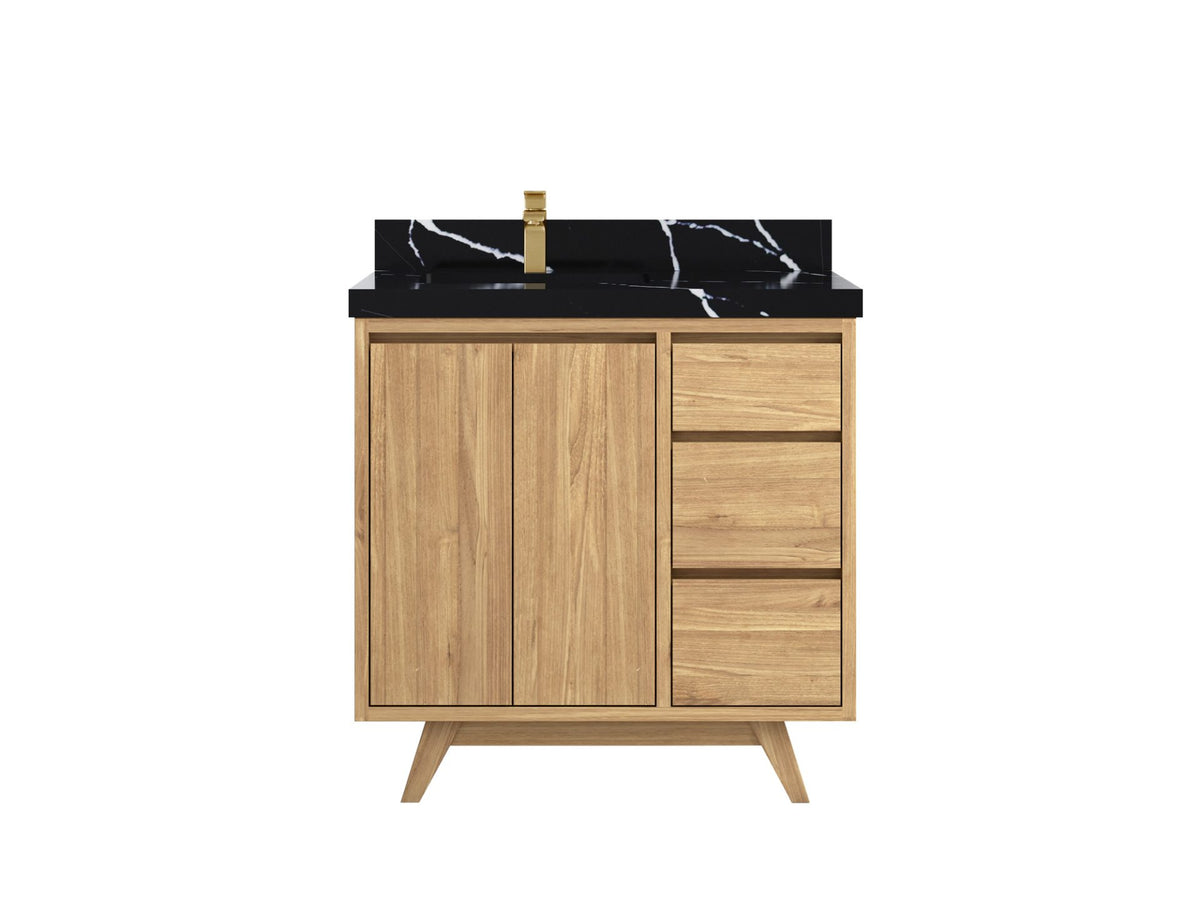 Madison Teak 36 in. W x 22 in. D Left Offset Sink Bathroom Vanity in Light Natural with 2 in Calacatta Black Quartz Countertop