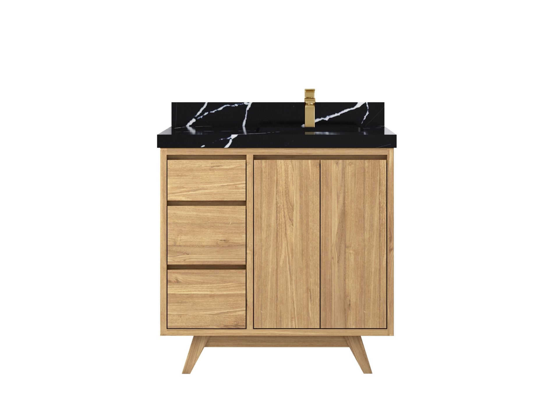 Madison Teak 36 in. W x 22 in. D Right Offset Sink Bathroom Vanity in Light Natural with 2 in Calacatta Black Quartz Countertop