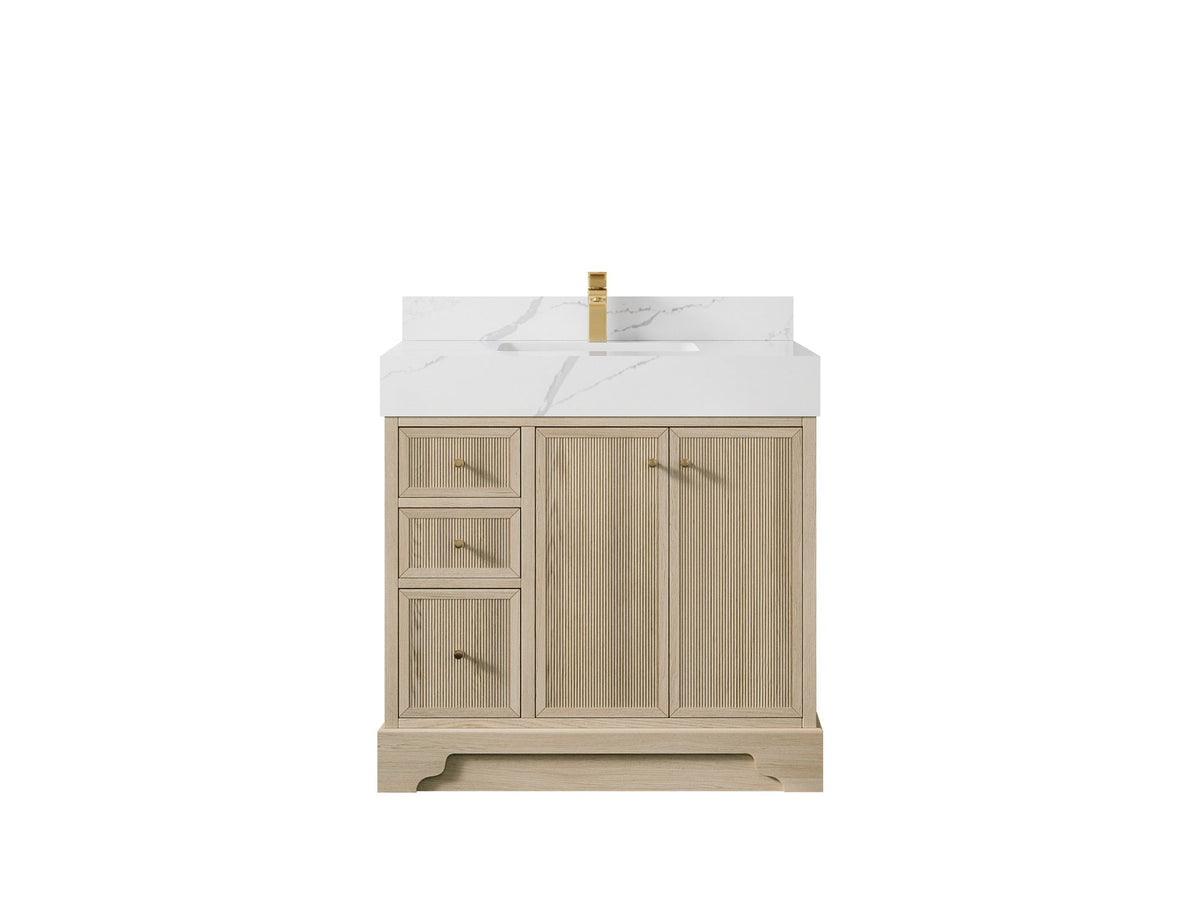 Manhattan Oak 36 in. W x 22 in. D Center Sink Bathroom Vanity in Nordic White with 5 in Calacatta Laza Quartz Countertop