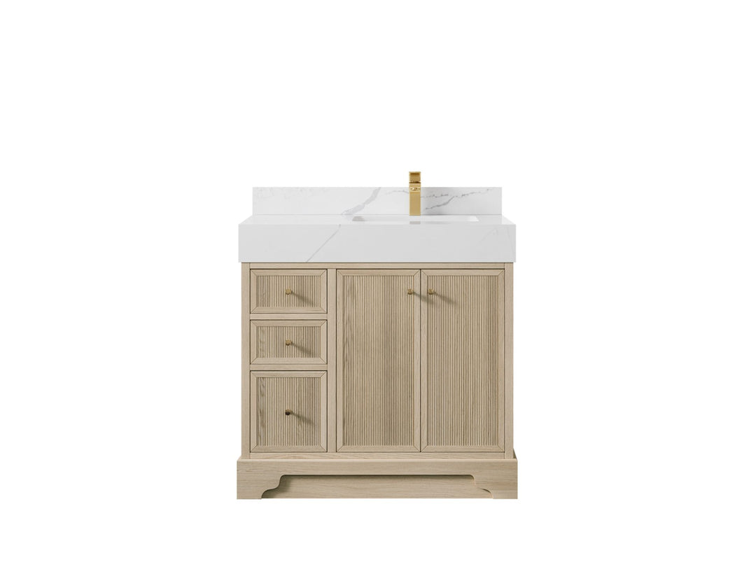 Manhattan Oak 36 in. W x 22 in. D Right Offset Sink Bathroom Vanity in Nordic White with 5 in Calacatta Laza Quartz Countertop