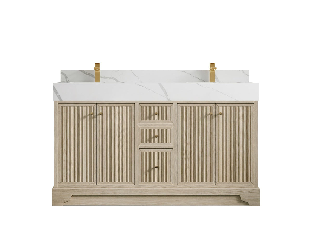 Manhattan Oak 60 in. W x 22 in. D Double Sink Bathroom Vanity in Nordic White with 5 in Calacatta Laza Quartz Countertop