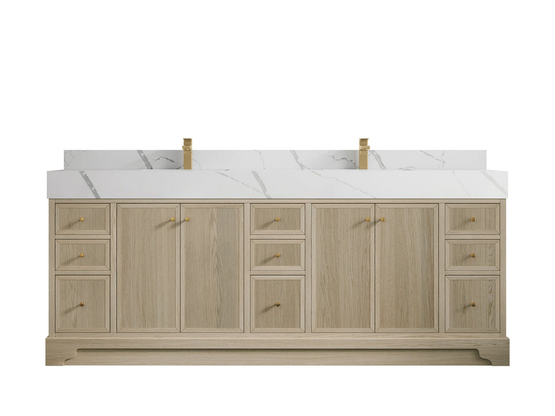 Manhattan Oak 84 in. W x 22 in. D Double Sink Bathroom Vanity in Nordic White with 5 in Calacatta Laza Quartz Countertop