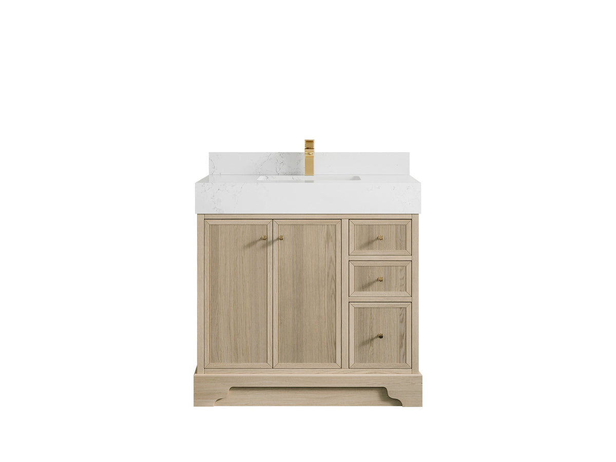 Manhattan Oak 36 in. W x 22 in. D Center Sink Bathroom Vanity in Nordic White with 5 in Empira White Quartz Countertop