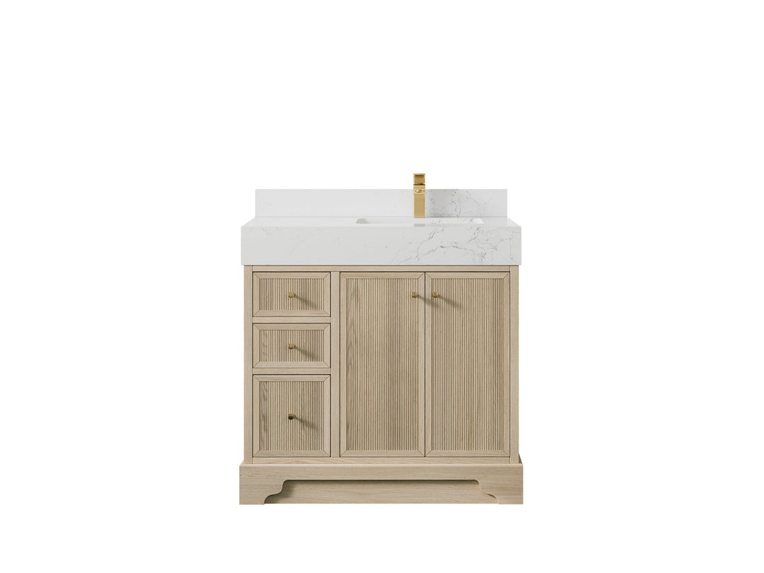 Manhattan Oak 36 in. W x 22 in. D Right Offset Sink Bathroom Vanity in Nordic White with 5 in Empira White Quartz Countertop