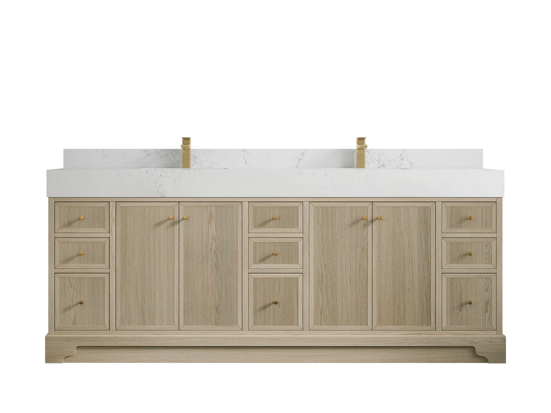 Manhattan Oak 84 in. W x 22 in. D Double Sink Bathroom Vanity in Nordic White with 5 in Empira White Quartz Countertop