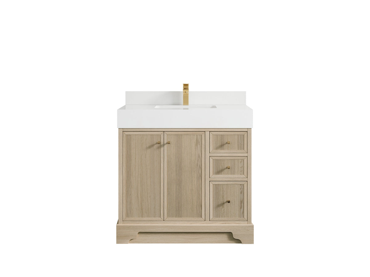 Manhattan Oak 36 in. W x 22 in. D Center Sink Bathroom Vanity in Nordic White with 5 in White Quartz Countertop