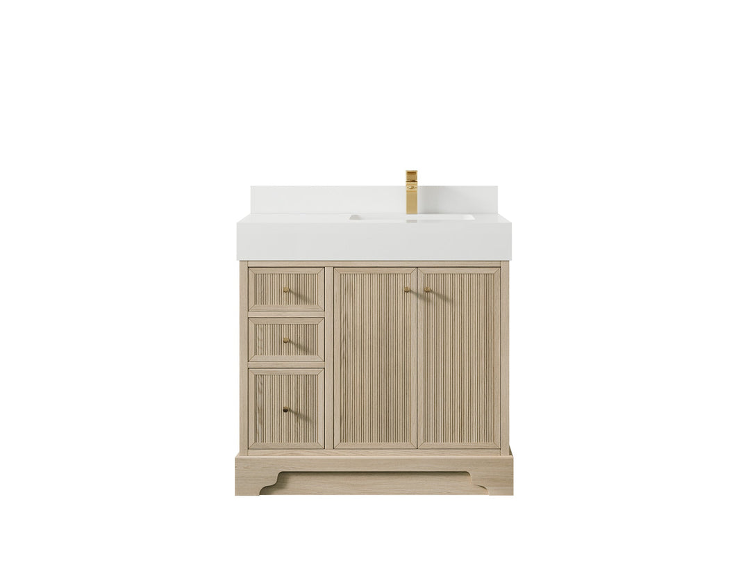Manhattan Oak 36 in. W x 22 in. D Right Offset Sink Bathroom Vanity in Nordic White with 5 in White Quartz Countertop
