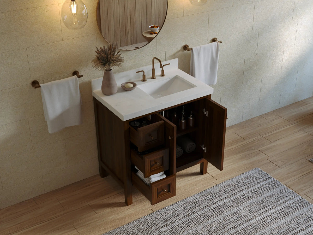 Nashville Teak Wood 36 in. W x 22 in. D Right Offset Sink Bathroom Vanity