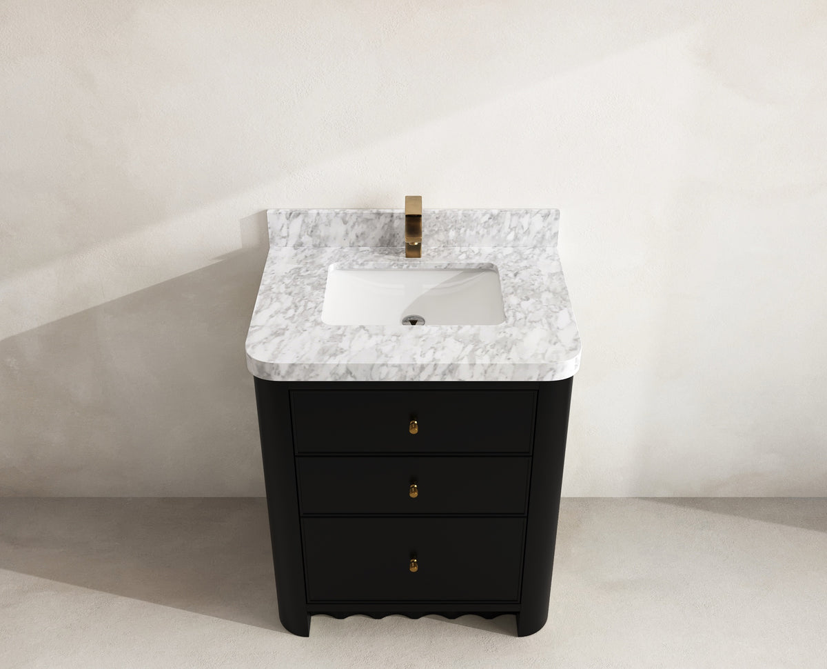 Orlando 30 in. single sink vanity in Black with an R100 Carrara marble top, seen from above