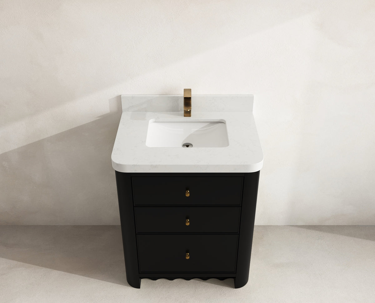 Orlando 30 in. single sink vanity in Black with an R100 Carrara quartz top, seen from above