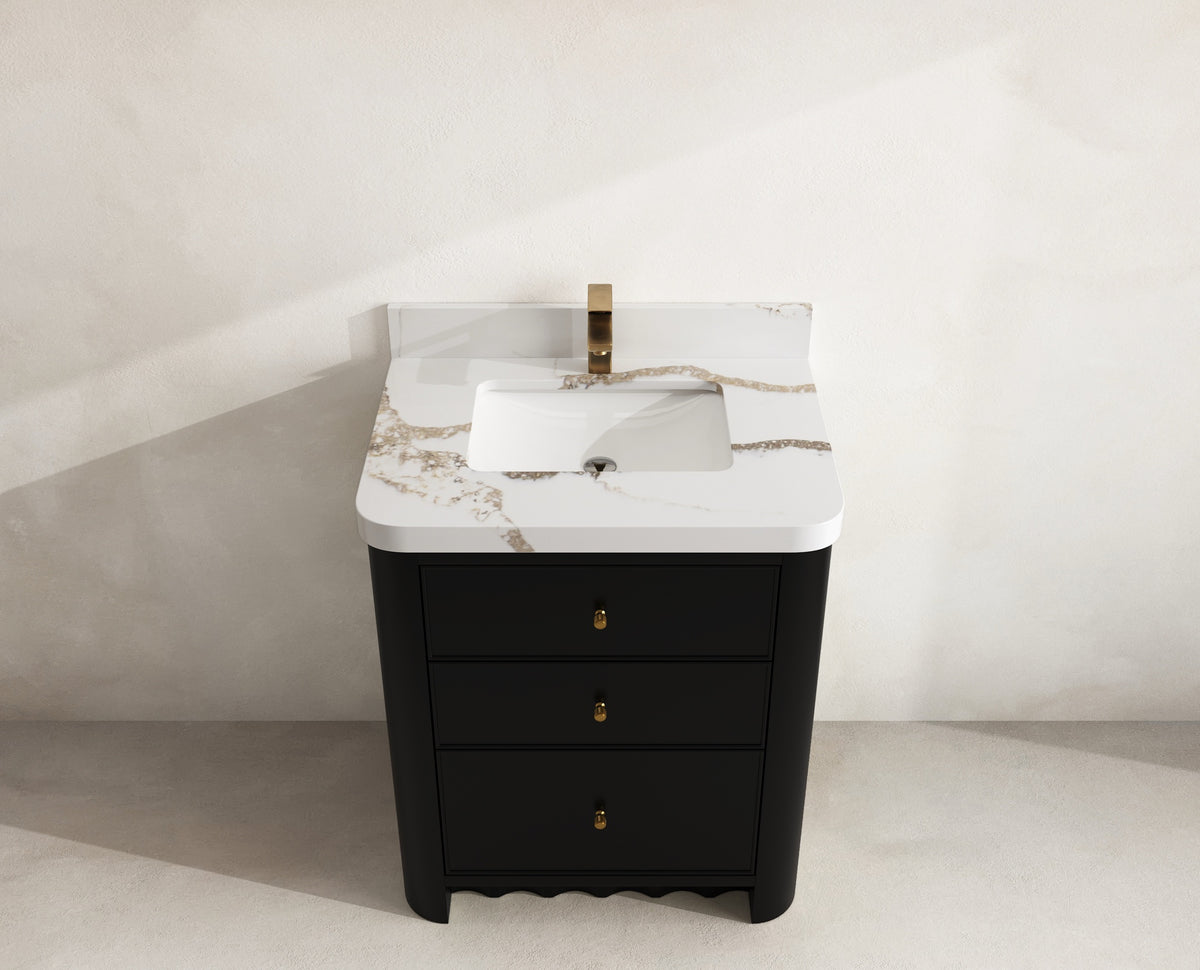 Orlando 30 in. single sink vanity in Black with an R100 Calacatta Gold quartz top, seen from above