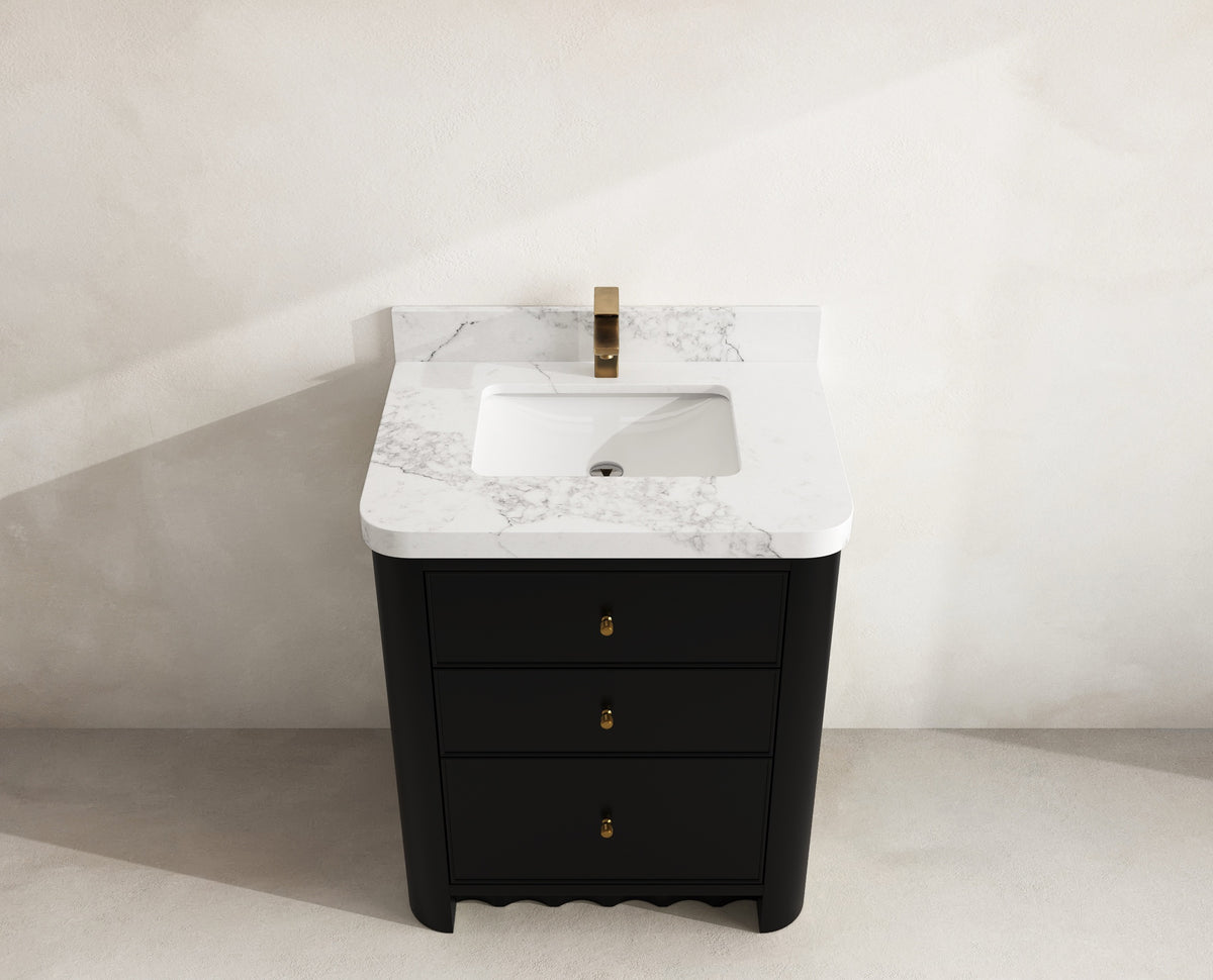 Orlando 30 in. single sink vanity in Black with an R100 Calacatta Nuvo quartz top, seen from above