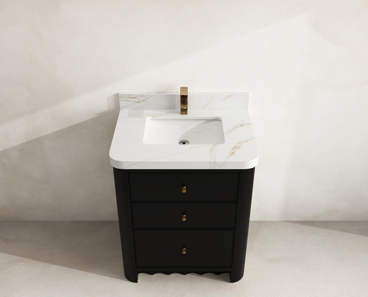Orlando 30 in. single sink vanity in Black with an R100 Calacatta Sienna quartz top, seen from above