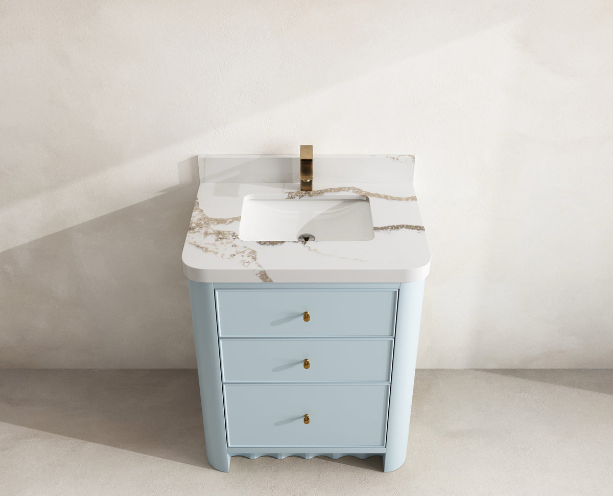 Orlando 30 in. single sink vanity in Blue Heather with an R100 Calacatta Gold quartz top, seen from above