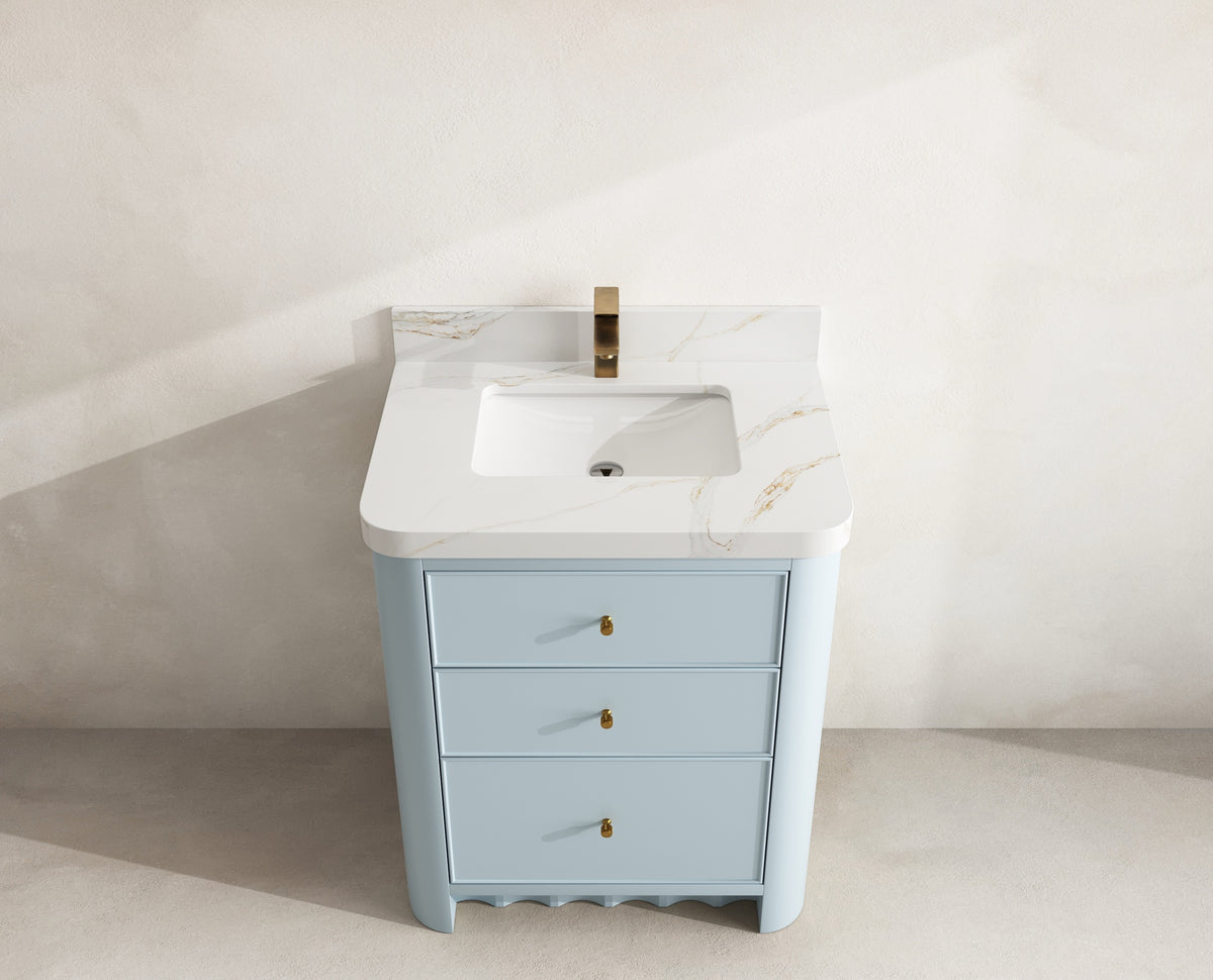 Orlando 30 in. single sink vanity in Blue Heather with an R100 Calacatta Sienna quartz top, seen from above