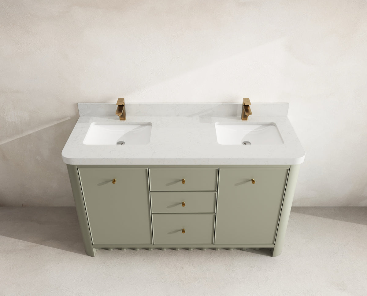 Orlando 60 in. double sink vanity in Evergreen with an R100 Carrara quartz top, seen from above