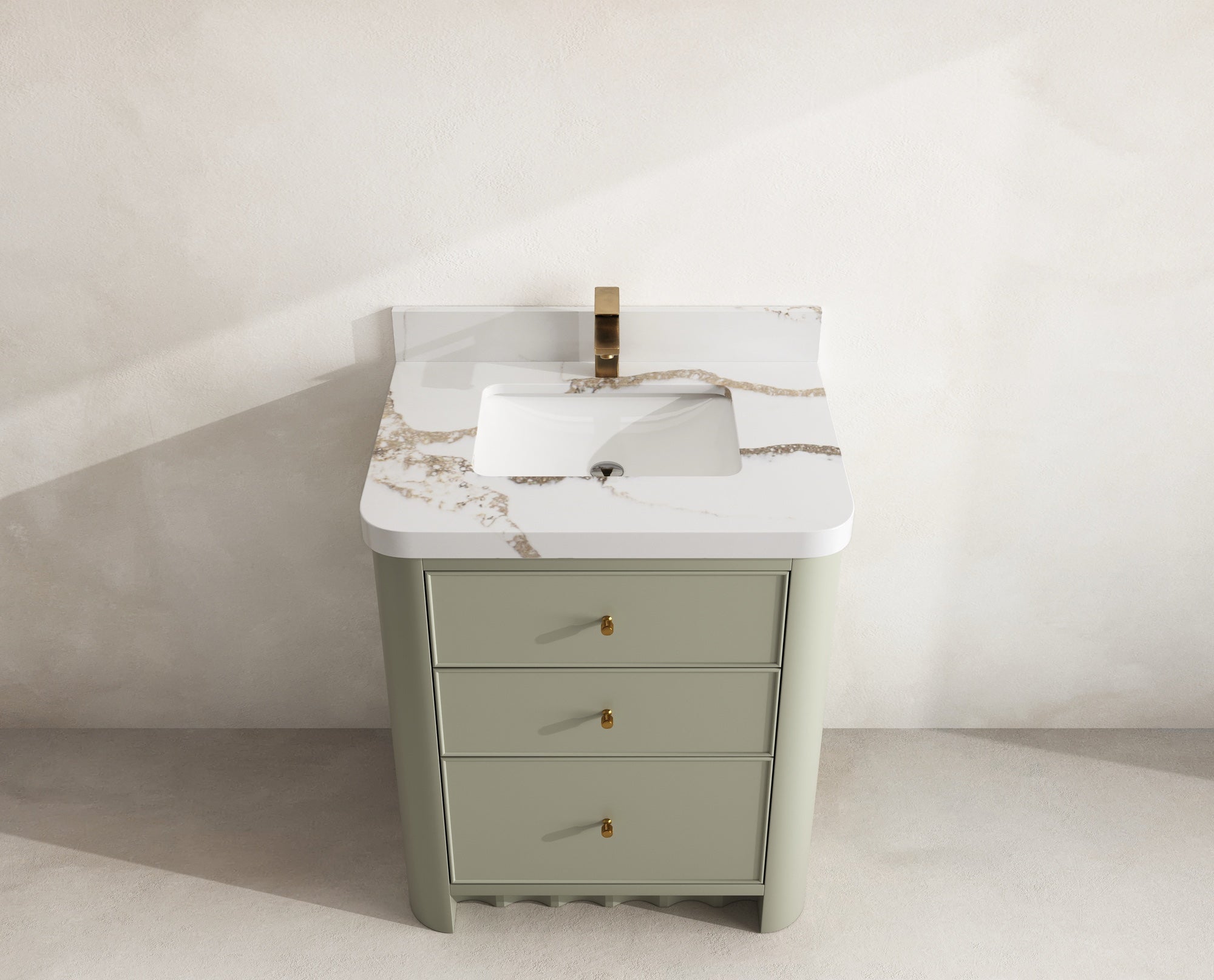 Orlando 30 in. single sink vanity in Evergreen with an R100 Calacatta Gold quartz top, seen from above