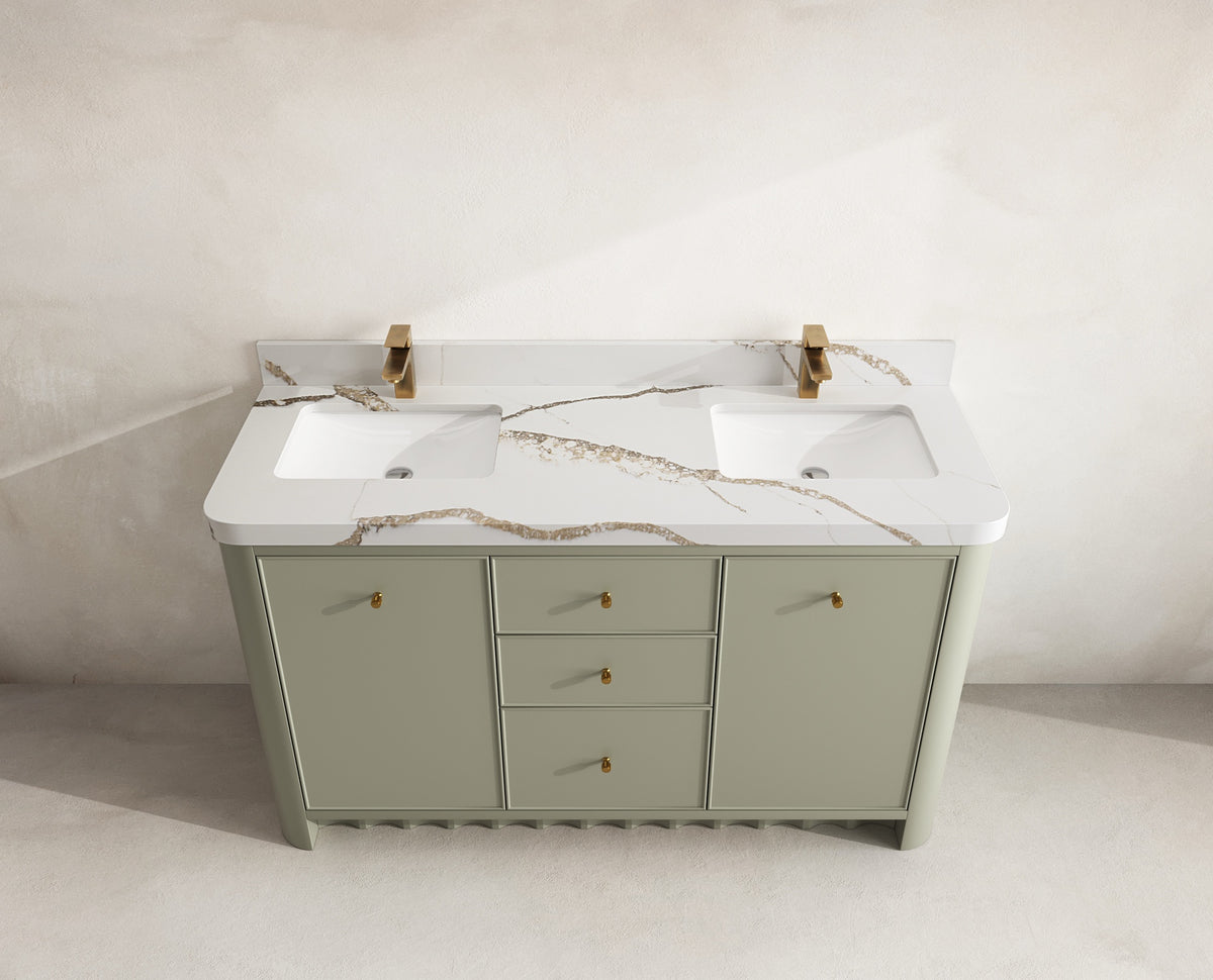 Orlando 60 in. double sink vanity in Evergreen with an R100 Calacatta Gold quartz top, seen from above
