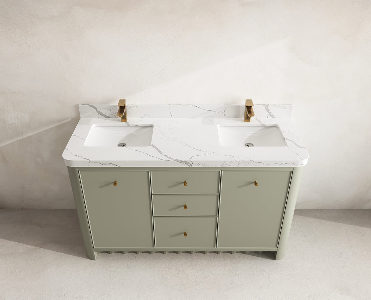 Orlando 60 in. double sink vanity in Evergreen with an R100 Calacatta Laza quartz top, seen from above
