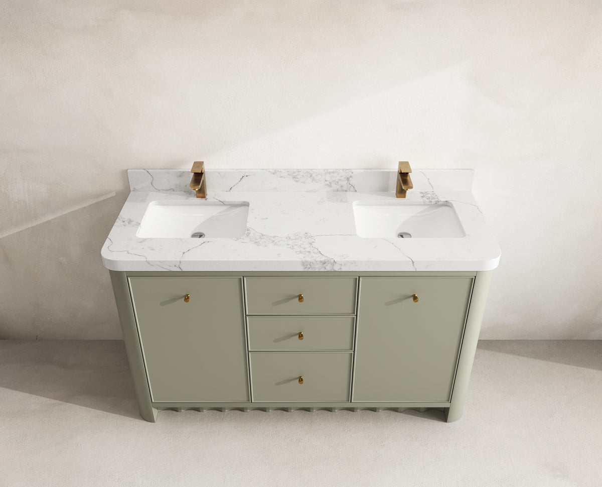 Orlando 60 in. double sink vanity in Evergreen with an R100 Calacatta Nuvo quartz top, seen from above