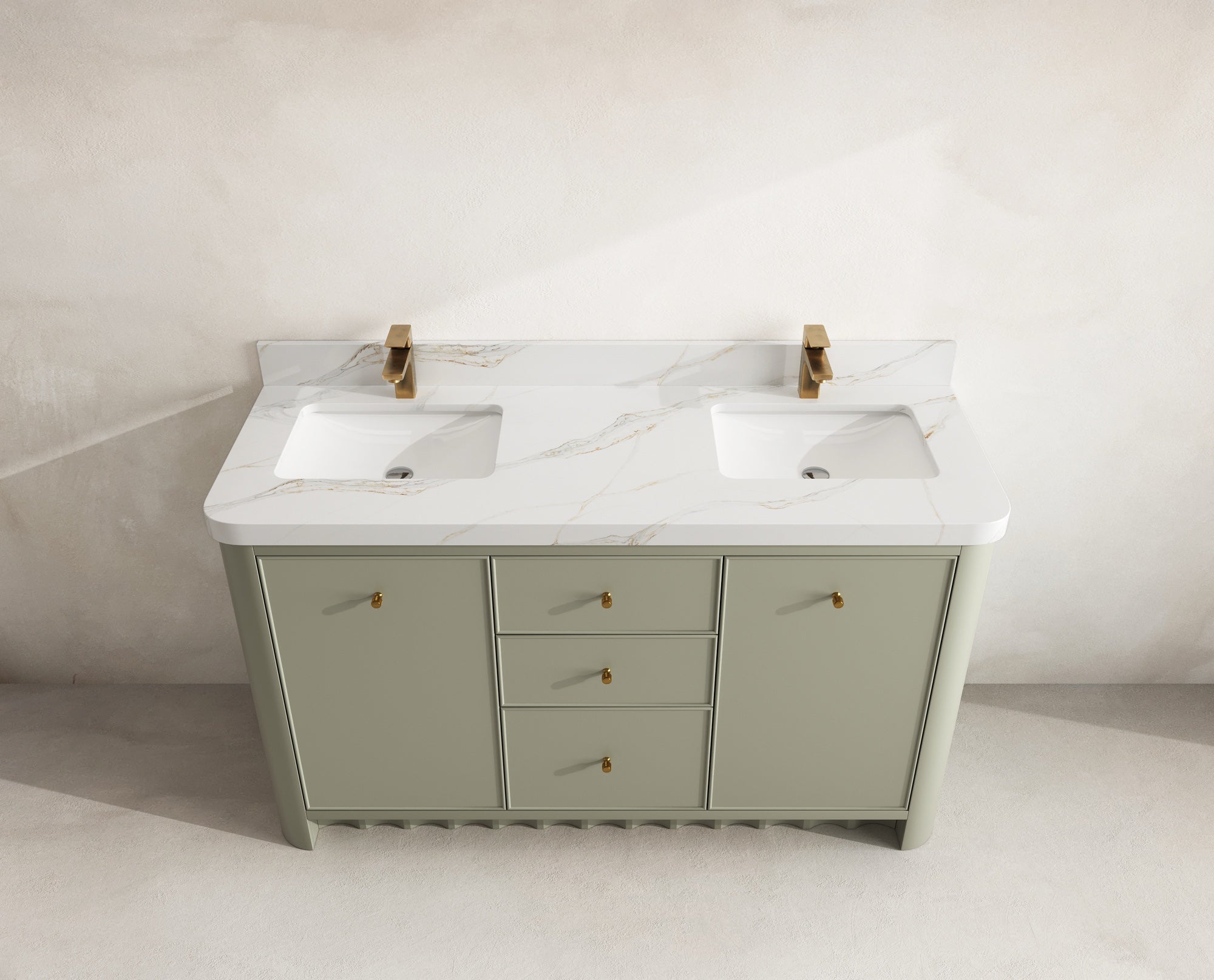 Orlando 60 in. double sink vanity in Evergreen with an R100 Calacatta Sienna quartz top, seen from above