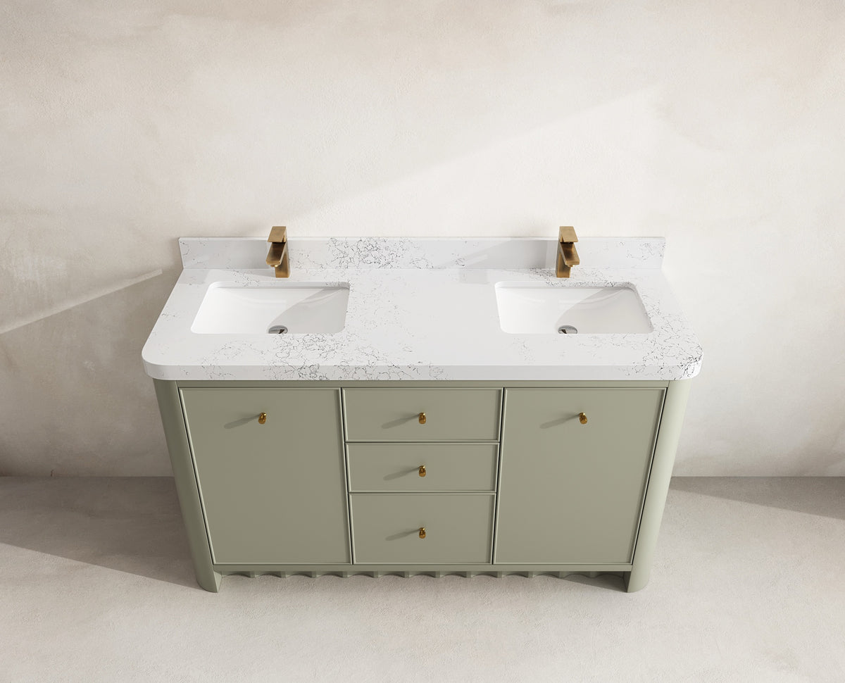 Orlando 60 in. double sink vanity in Evergreen with an R100 Empira White quartz top, seen from above