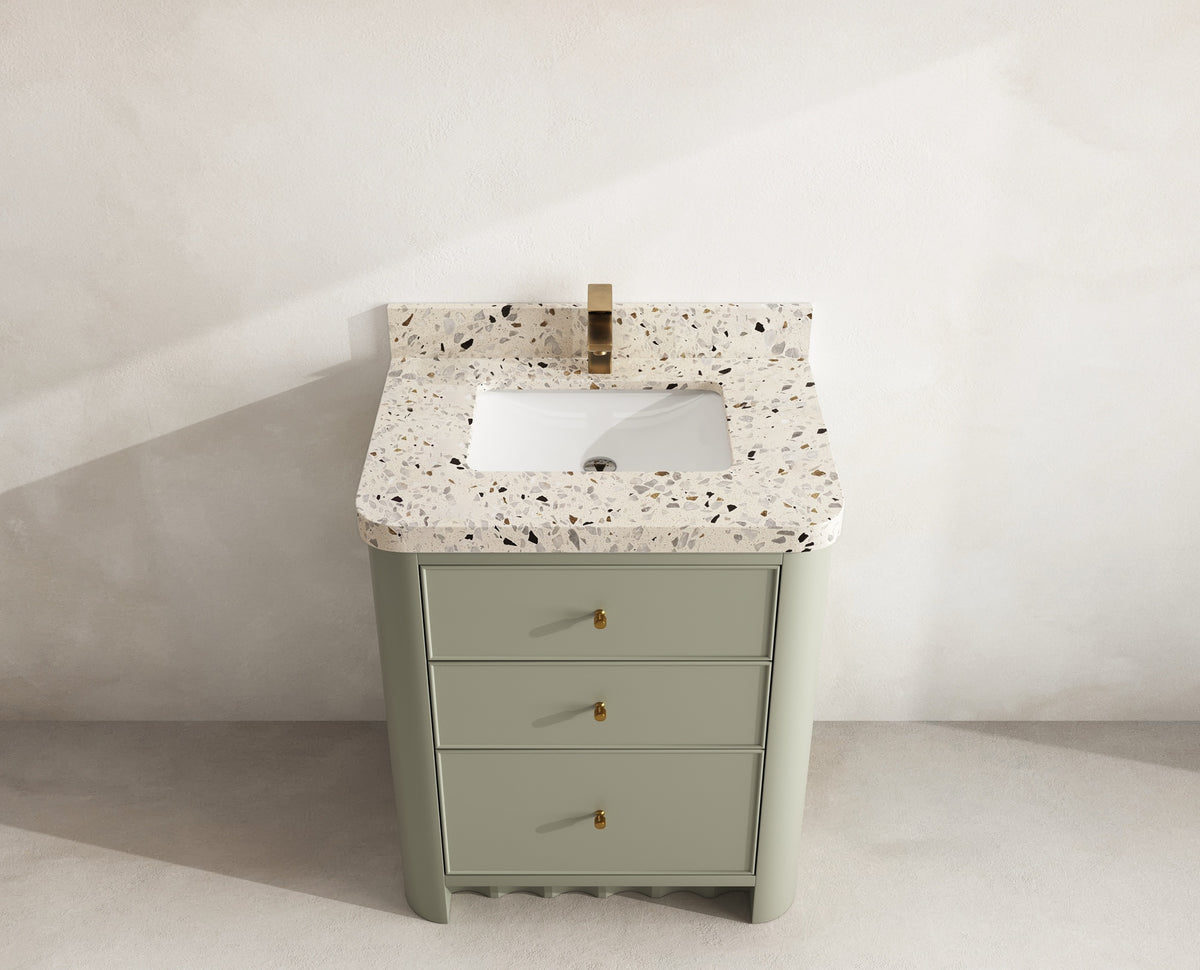 Orlando 30 in. single sink vanity in Evergreen with an R100 Terrazzo Golden Dusk top, seen from above