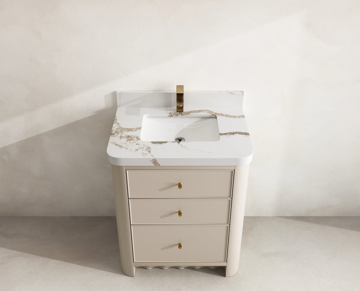 Orlando 30 in. single sink vanity in Fine Grain Linen Beige with an R100 Calacatta Gold quartz top, seen from above
