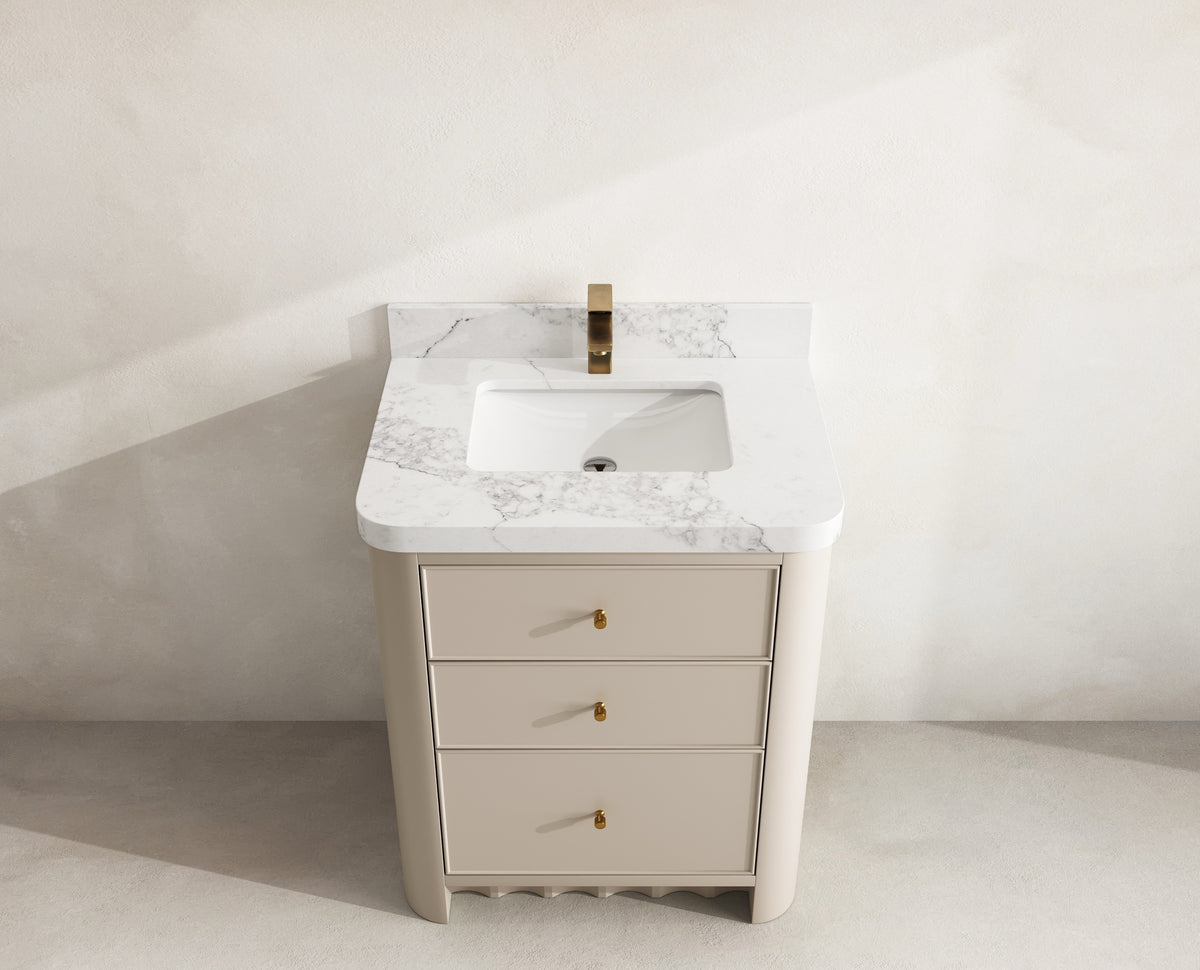 Orlando 30 in. single sink vanity in Fine Grain Linen Beige with an R100 Calacatta Nuvo quartz top, seen from above