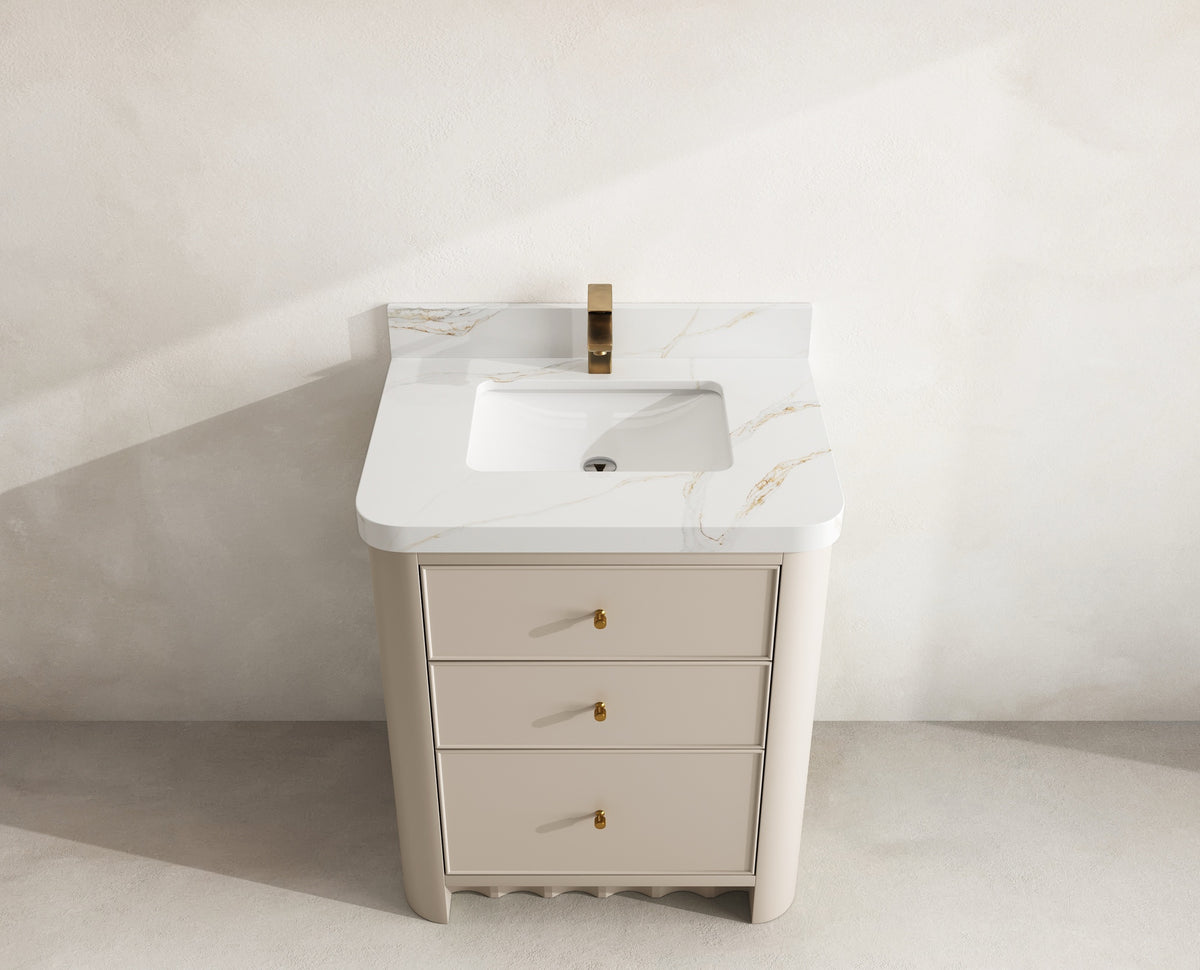 Orlando 30 in. single sink vanity in Fine Grain Linen Beige with an R100 Calacatta Sienna quartz top, seen from above