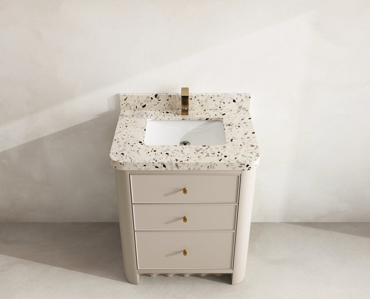 Orlando 30 in. single sink vanity in Fine Grain Linen Beige with an R100 Terrazzo Golden Dusk top, seen from above