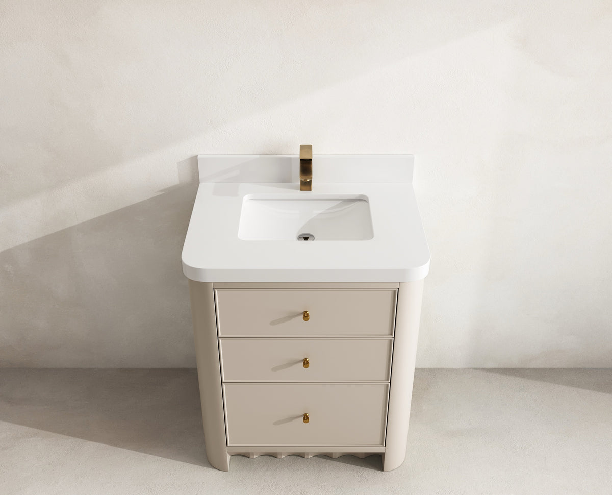Orlando 30 in. single sink vanity in Fine Grain Linen Beige with an R100 White quartz top, seen from above