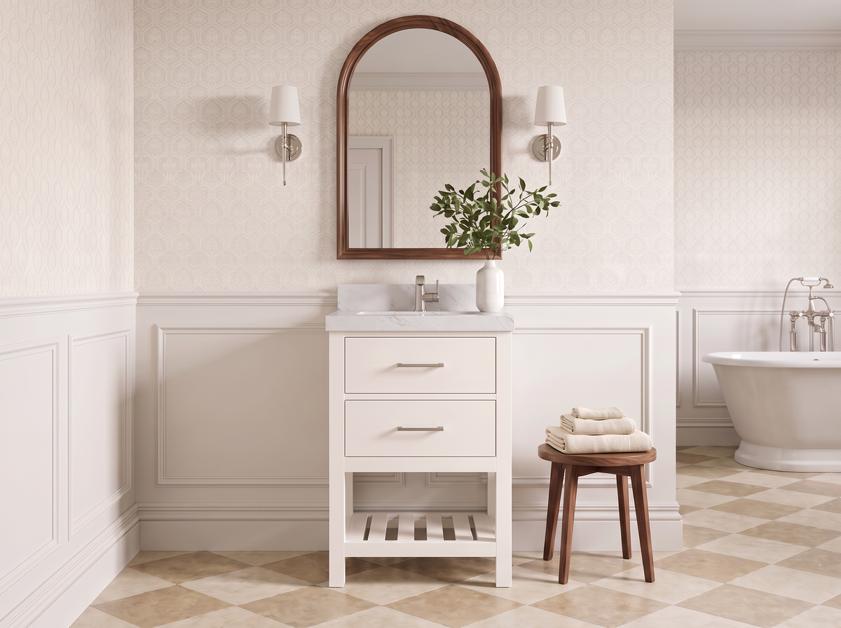 Parker 24 inch Alabaster vanity with Palissandro Quartz countertop and brushed nickel handles in a designer bathroom.