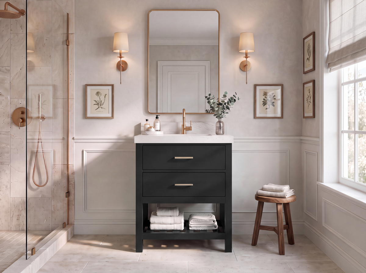 Parker 30-inch black vanity with Palissandro quartz countertop in a styled bathroom — PRK_BLK_PALS_30