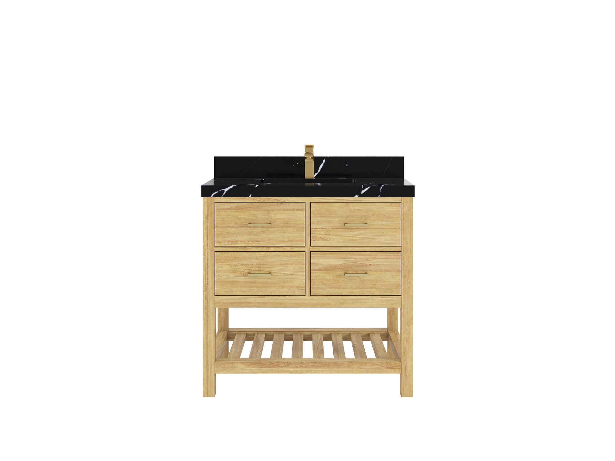 Parker Teak 36 in. W x 22 in. D Center Sink Bathroom Vanity in Light Natural with 2 in Calacatta Black Quartz Countertop