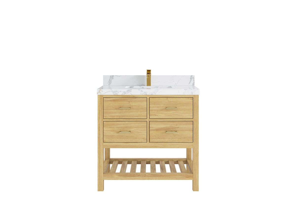 Parker Teak 36 in. W x 22 in. D Center Sink Bathroom Vanity in Light Natural with 2 in Poanazzo Quartz Countertop