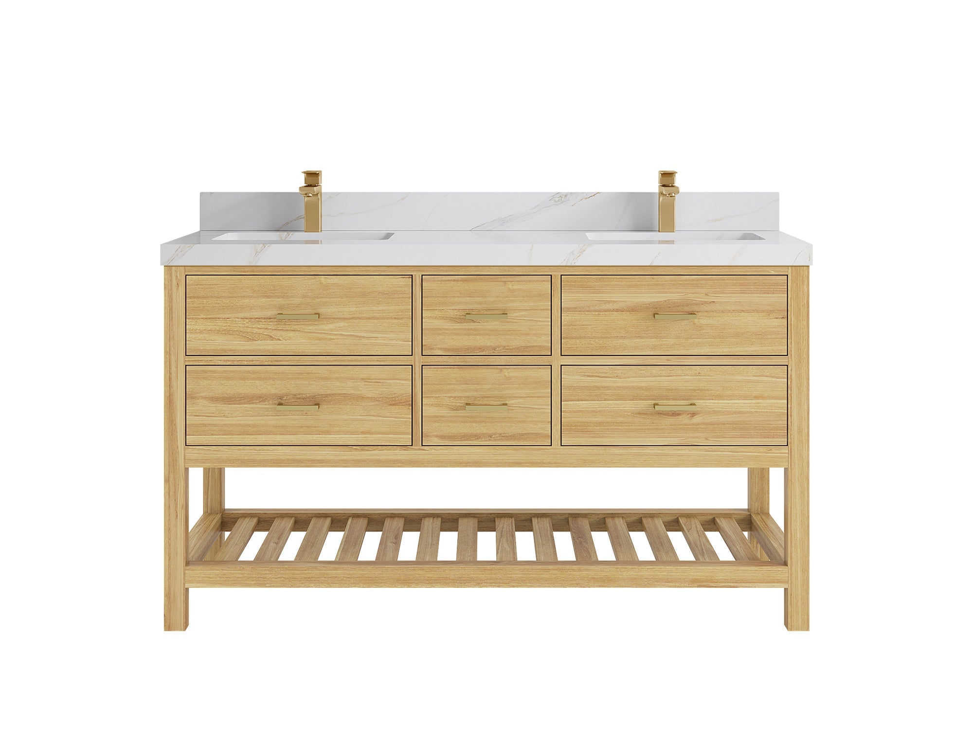 Parker Teak 60 in. W x 22 in. D double Sink Bathroom Vanity in Light Natural with 2 in Calacatta Sienna Quartz