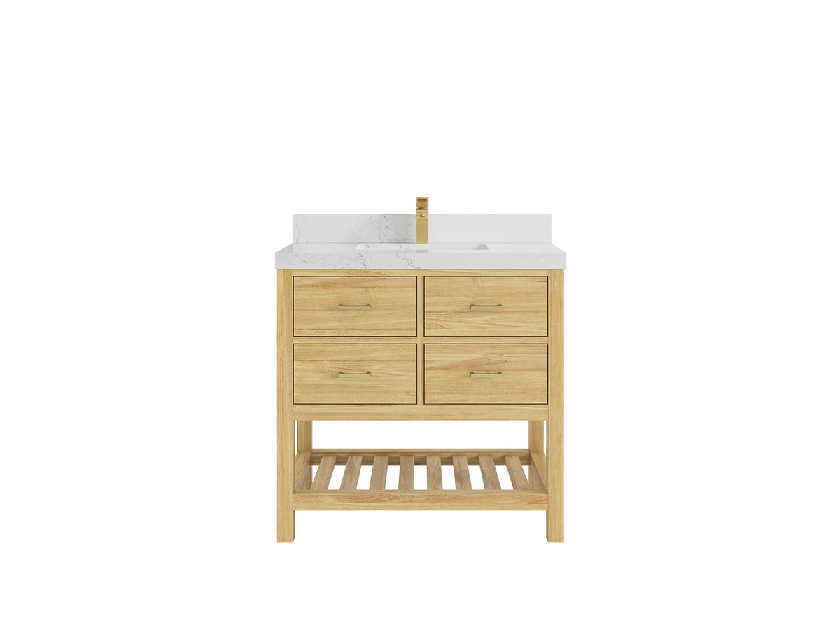 Parker Teak 36 in. W x 22 in. D Center Sink Bathroom Vanity in Light Natural with 2 in Empira White Quartz Countertop