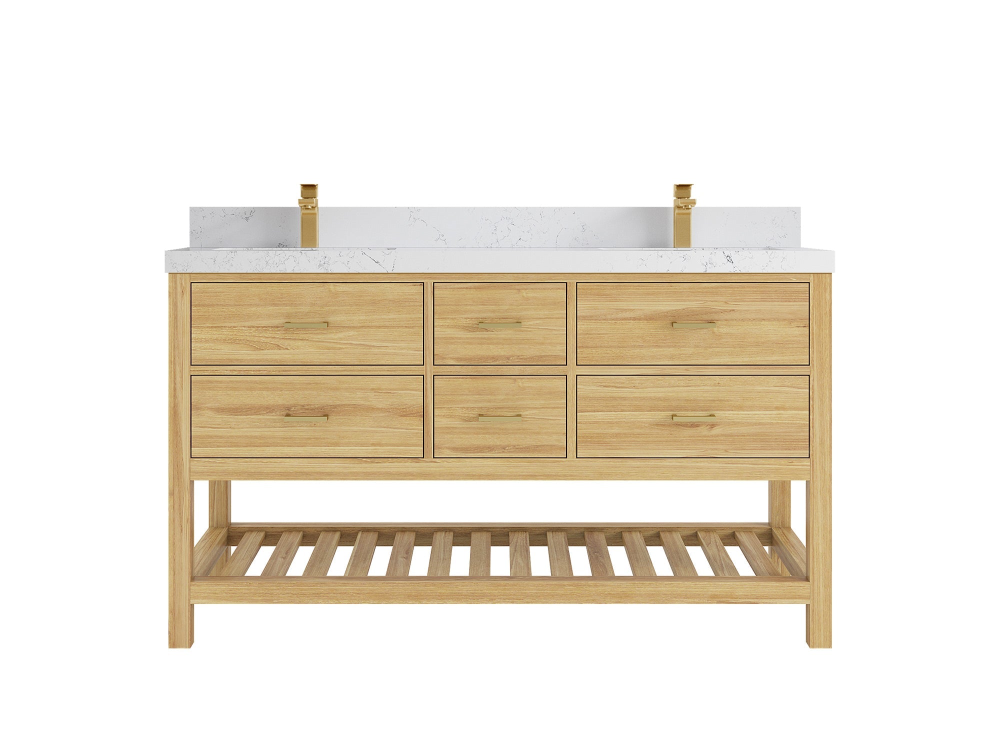 Parker Teak 60 in. W x 22 in. D double Sink Bathroom Vanity in Light Natural with 2 in Empira White Quartz Counterto