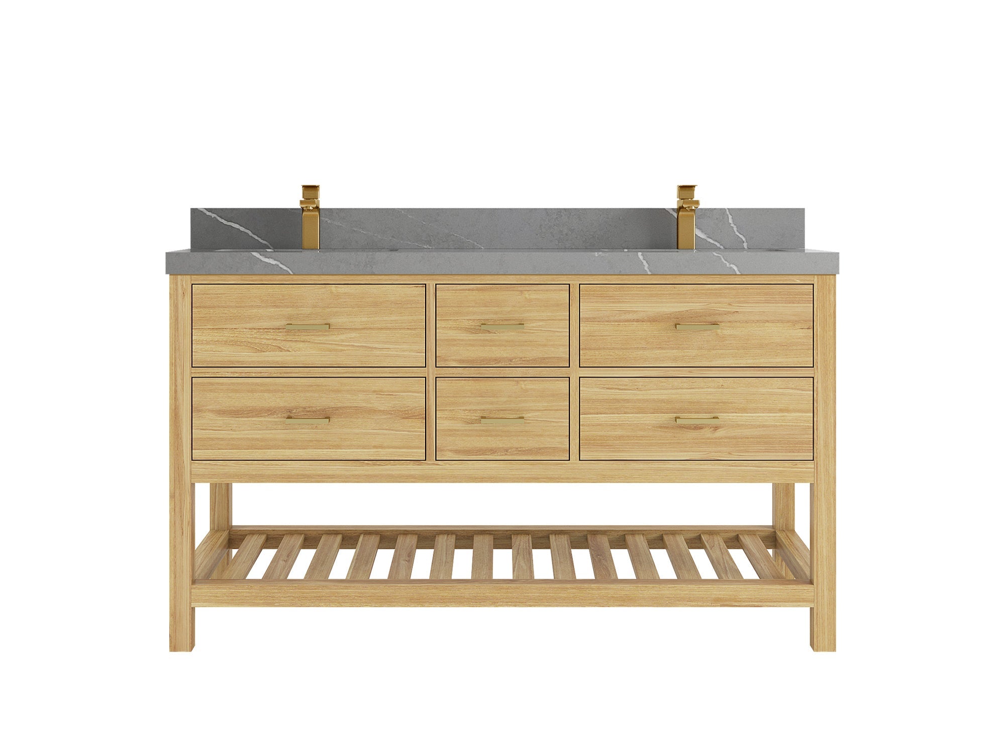Parker Teak 60 in. W x 22 in. D double Sink Bathroom Vanity in Light Natural with 2 in Piatra Gray Quartz