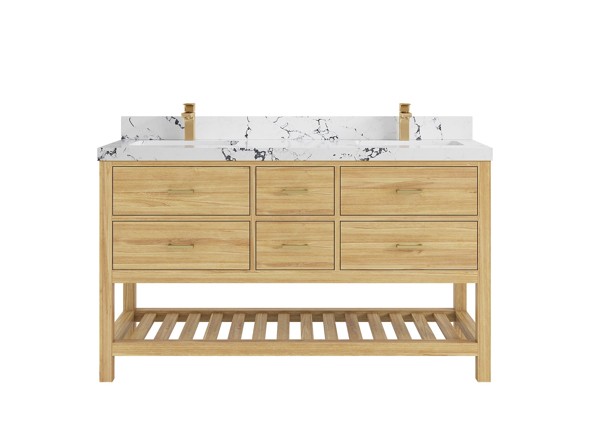 Parker Teak 60 in. W x 22 in. D double Sink Bathroom Vanity in Light Natural with 2 in Viola Night Quartz