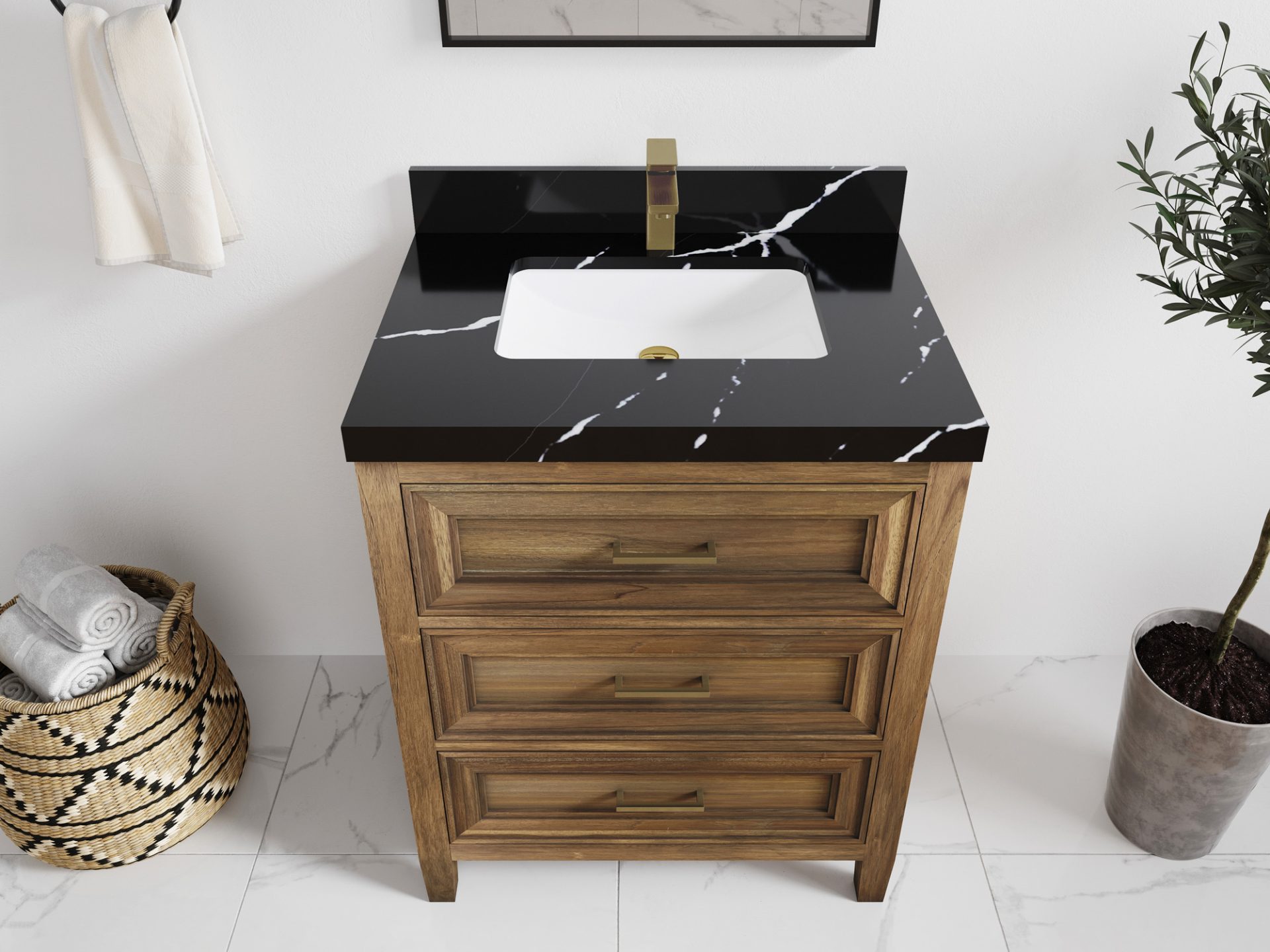 Santa Monica Teak 30 in. W x 22 in. D Single Sink Bathroom Vanity in Distressed Graywashed with 2 in Calacatta Black Quartz Countertop - Top View