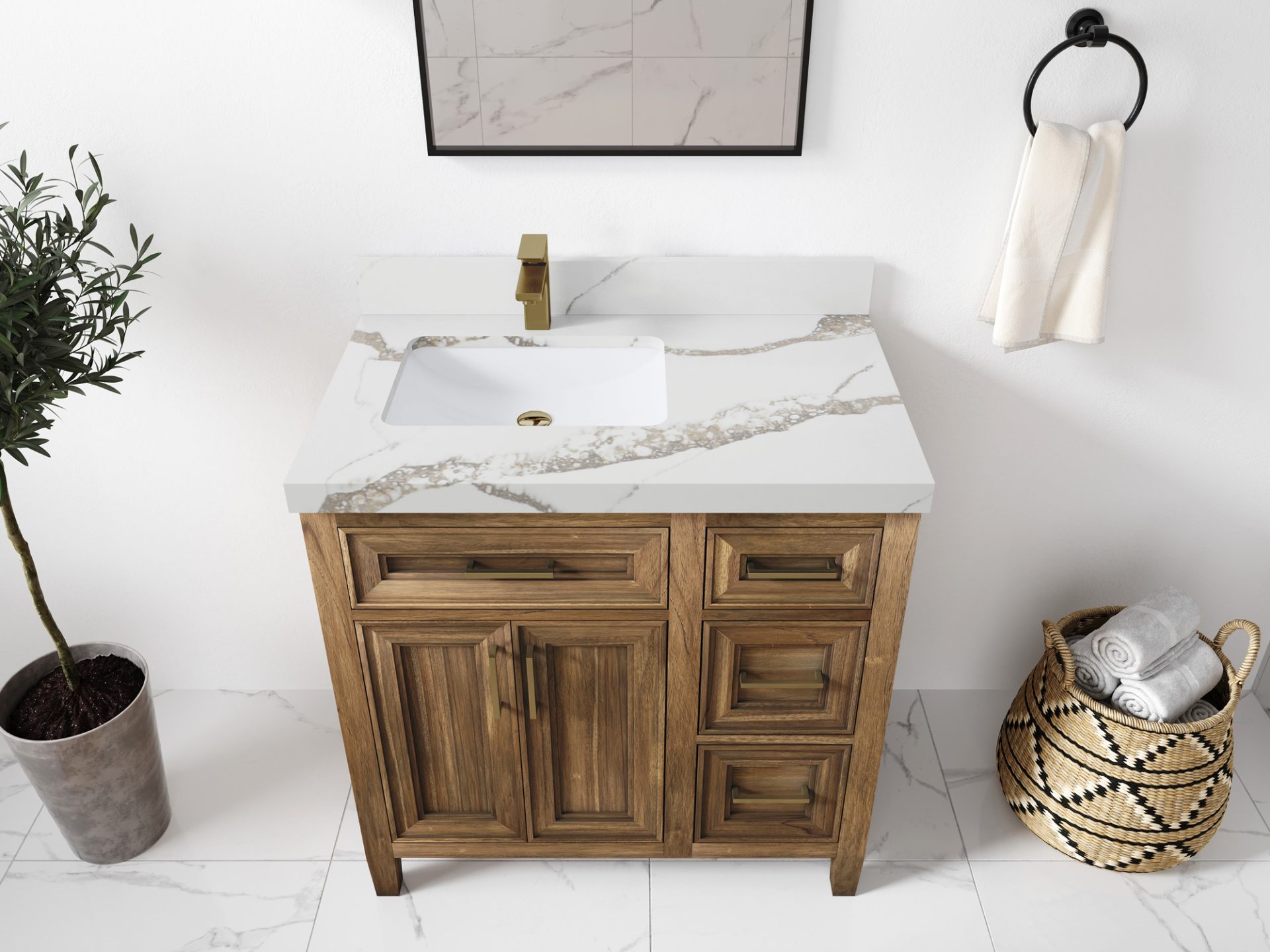 Santa Monica Teak Wood 36 in. W x 22 in. D Left Offset Sink Bathroom Vanity